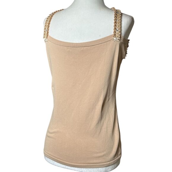 Leo Guy Size M Color Tan Sleeveless evening Top  Intricate Silver Rhine Stone - Picture 5 of 10